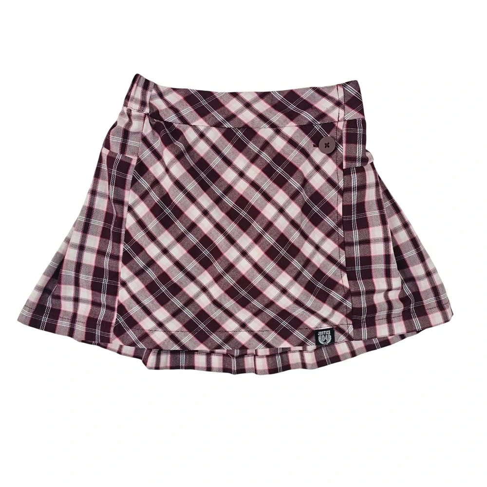 Justice Girls Plaid Skort Burgundy Pink White Size S 7/8 Wrap Front 473910A